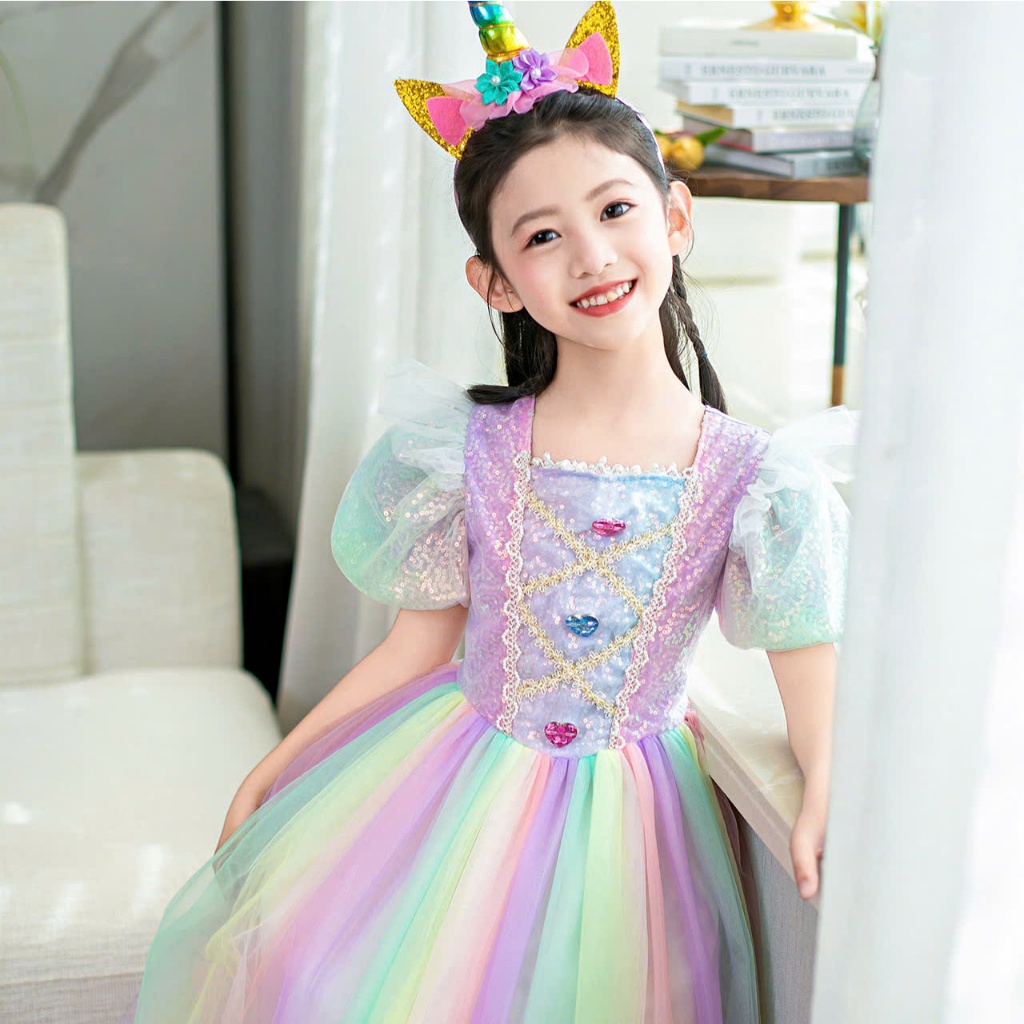 Đầm voan công chúa cho bé gái cosplay Ngựa pony màu sắc cầu vồng size 12-40kg hàng Quảng Châu cao cấp