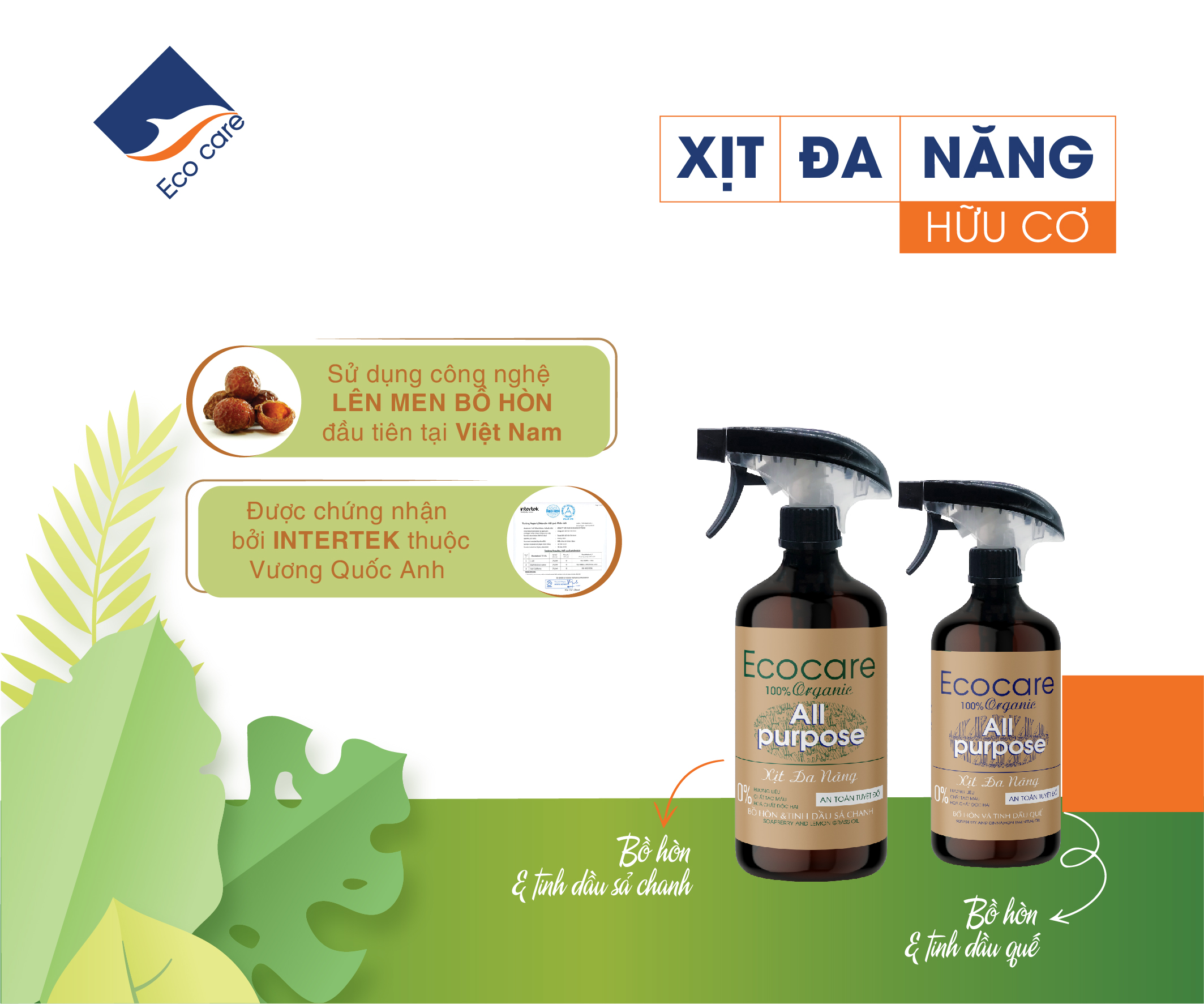 Xịt Chùi Rửa Đa Năng Bồ Hòn Hữu Cơ ECOCARE - Chai 4000ml - Diệt khuẩn, khử mùi, mọi chất liệu, đậm đặc hơn