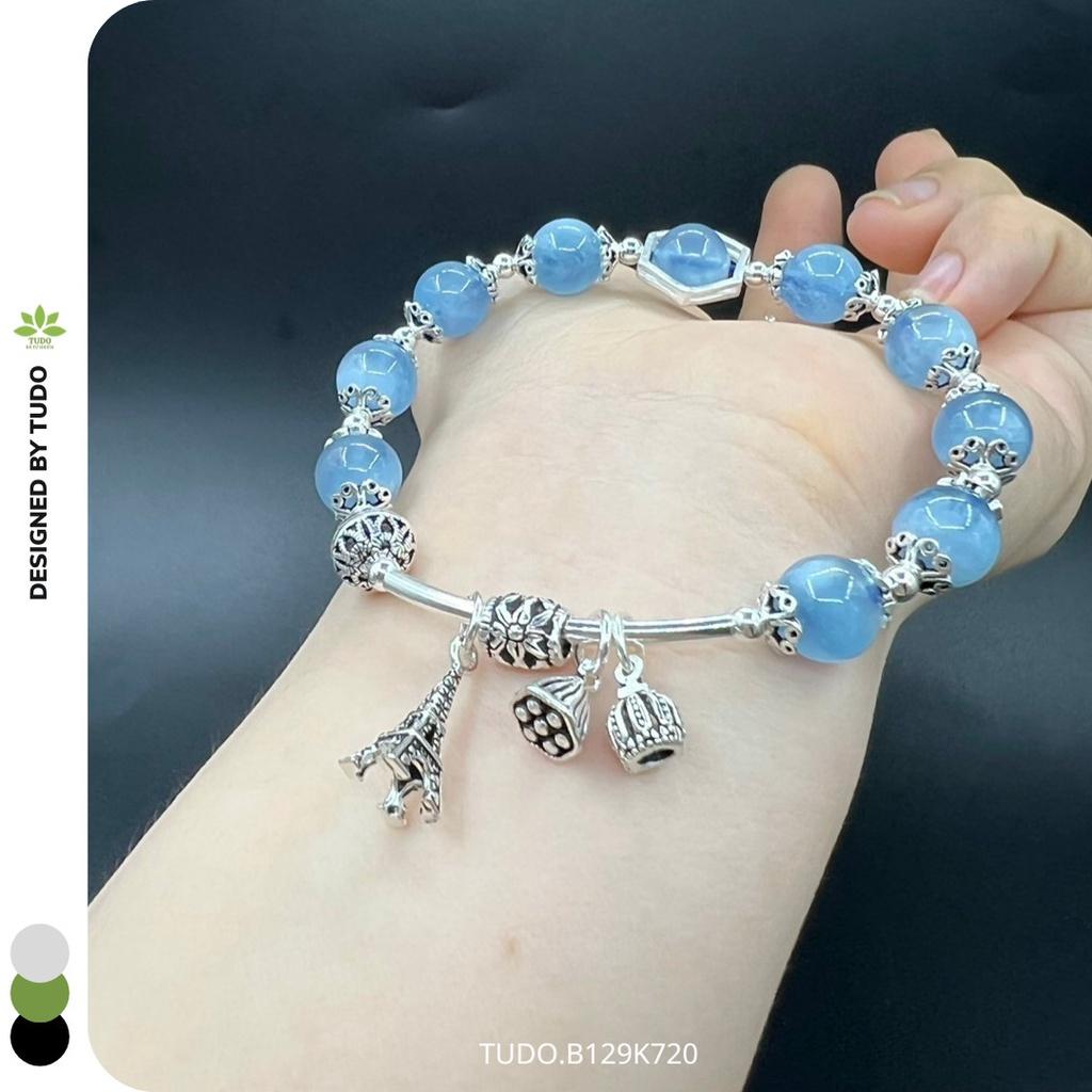 Vòng Tay Nữ Đẹp - Vòng Phong Thủy Mệnh Thủy Mộc B129K720 VCBAQUA Charm Bạc Eiffel, Vương Miện