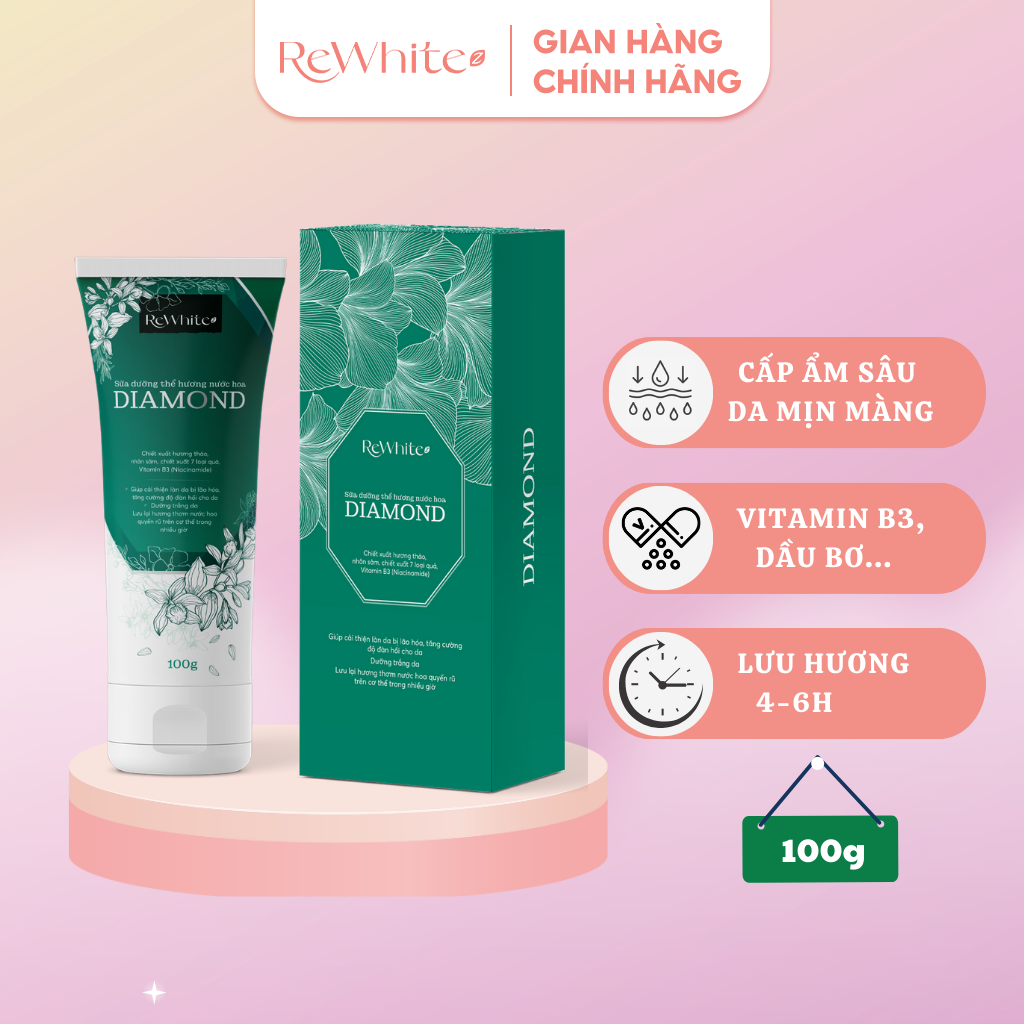 Sữa dưỡng thể REWHITEZ hương nước hoa  – Cấp ẩm sâu, nuôi dưỡng da trắng sáng đều màu, hộp 1 tuýp 100g