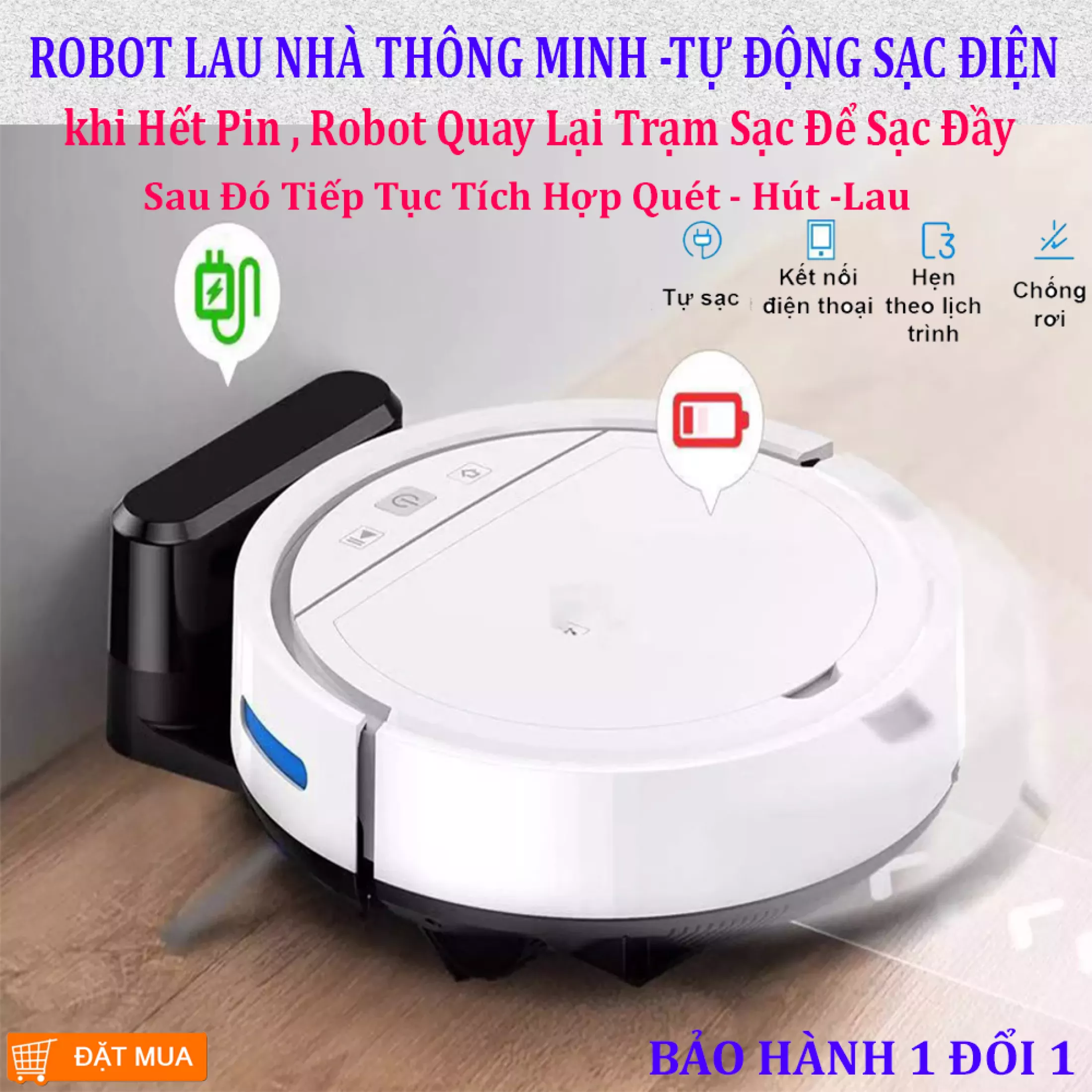 Robot hút bụi lau nhà thông minh tự động HC002 lau khô ướt sạc tự động cảm biến chống rơi, lực hút mạnh.hoạt động theo lập trình sẵn, tự động sạc khi hết pin.