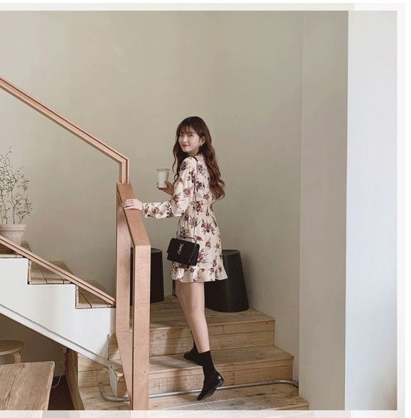Đầm xòe voan hoa dạo phố Hàn Quốc, họa tiết hoa xinh, kiểu dáng dễ thương Da56