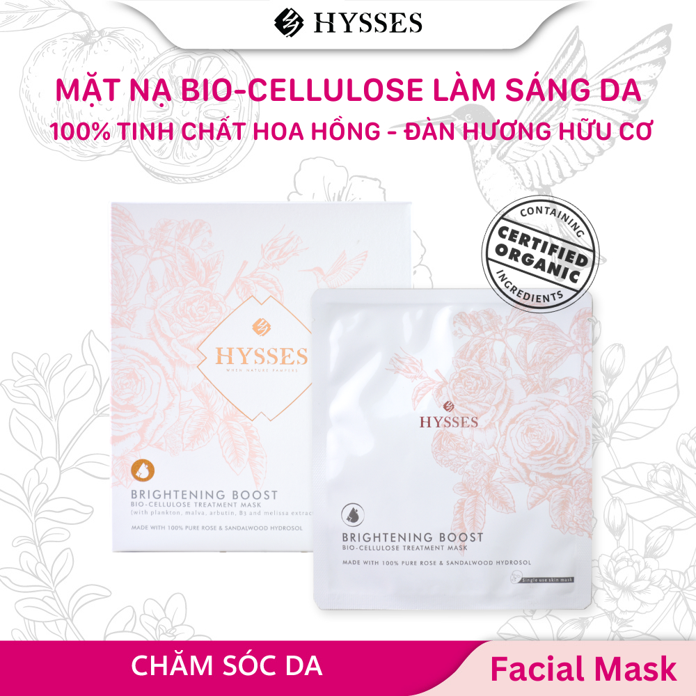 Mặt Nạ Sinh Học Cao Cấp Hysses Bio Cellulose Brightening Làm Trắng Da, Cấp Ẩm Sâu, Giảm Kích Ứng, Giúp Mờ Nếp Nhăn Với Tinh Dầu Gỗ Đàn Hương - Hoa Hồng Hữu Cơ Tự Nhiên