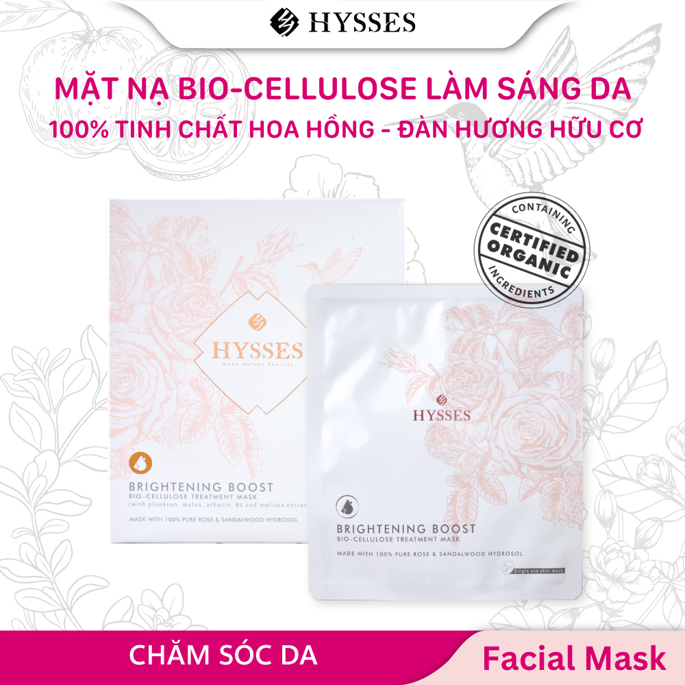 Mặt Nạ Sinh Học Cao Cấp Hysses Bio Cellulose Brightening Làm Trắng Da, Cấp Ẩm Sâu, Giảm Kích Ứng, Giúp Mờ Nếp Nhăn Với Tinh Dầu Gỗ Đàn Hương - Hoa Hồng Hữu Cơ Tự Nhiên (Hộp 4 Miếng)