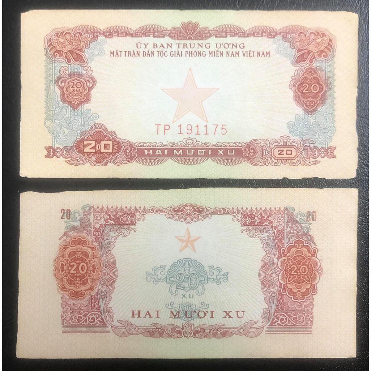 Tiền xưa Việt Nam, tờ 20 xu Ủy ban Trung Ương MTGPMN in hình ngôi sao cùng hoạ tiết độc đáo, kèm phơi bảo vệ có sẵn