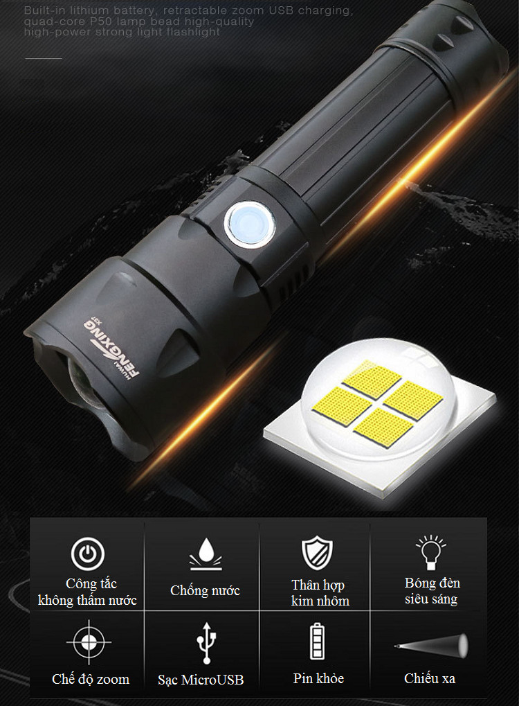 Đèn pin siêu sáng cầm tay tích hợp chế độ zoom ánh sáng, chống nước, pin khỏe M50 ( TẶNG MÓC TREO CHÌA KHÓA TÍCH HỢP TUA VÍT MINI 3IN1 )