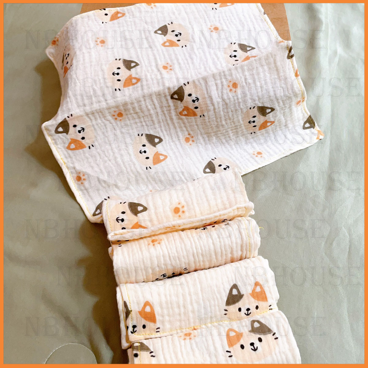 Set 5 Khăn Sữa Khăn Xô Cho Bé Chất Vải Xô Muslin Họa Tiết Mèo Tai Hai Màu