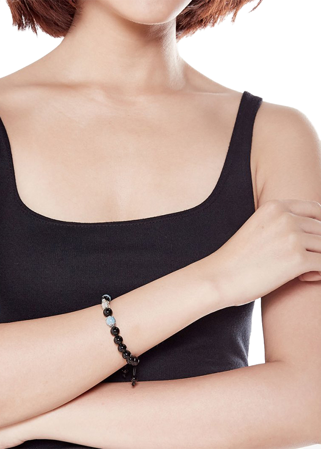 Vòng Đá Obsidian Phối Hải Lam Ngọc Và Charm Phật Bạc Ngọc Quý Gemstones VT56