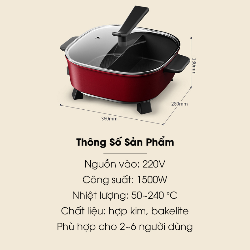 Nồi Lẩu Điện 2 Ngăn PH22105 Bếp Lẩu Nướng Điện Không Khói Đa Năng - Hàng Chính Hãng