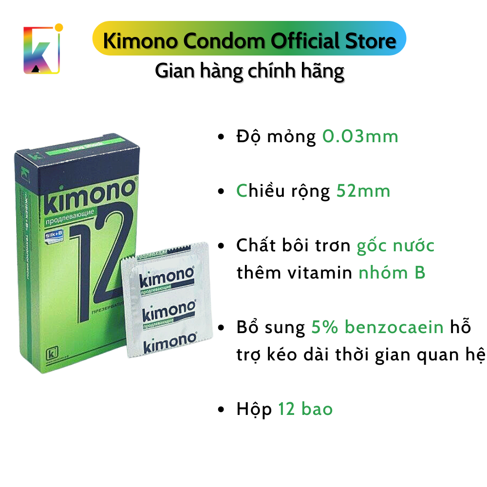 Bao cao su Kimono Green Siêu mỏng 0.03mm - Kéo dài thời gian - Hộp 12 bao