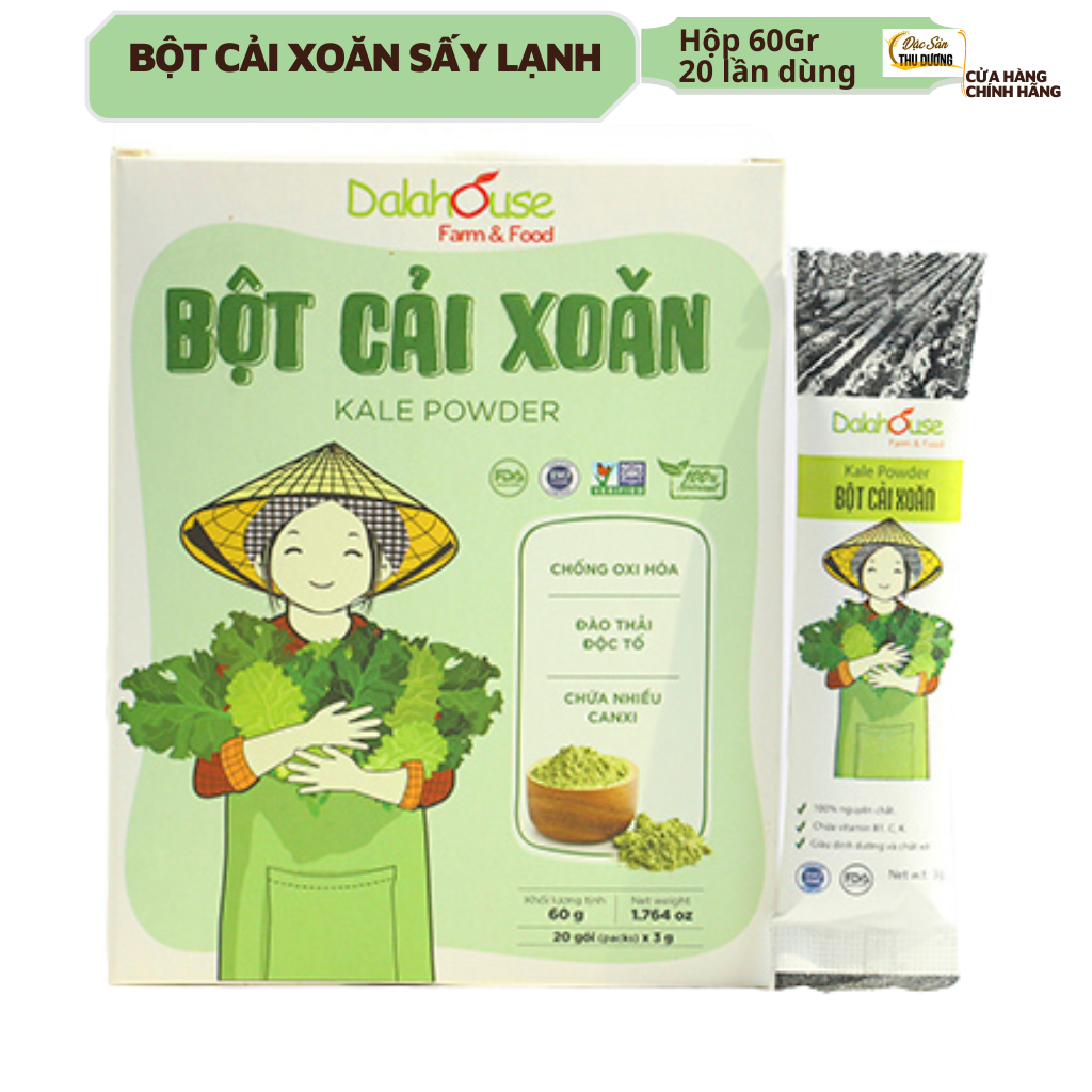 Bột cải xoăn hữu cơ sấy lạnh Dalahouse - Hộp 20 gói 3gr tiện lợi - Đào thải độc tố, chống ô xy hóa, bổ sung can xi hữu cơ cho cơ thể