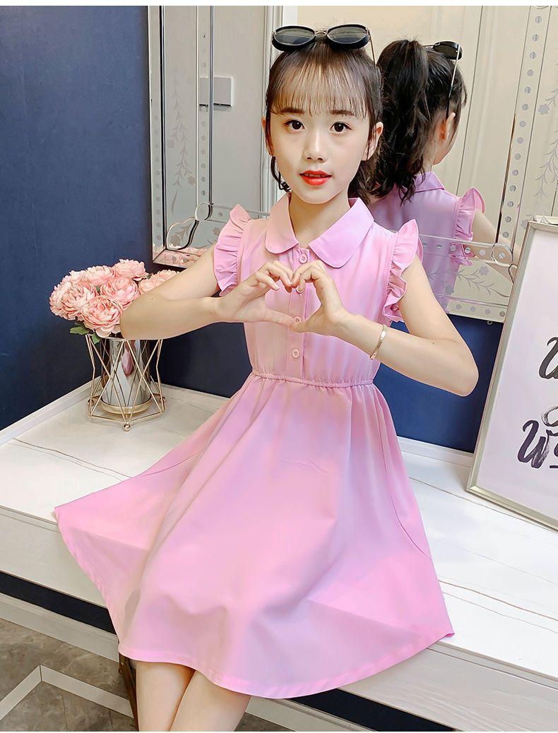 DONGSHOP Cô gái ăn mặc mùa hè 2023 váy công chúa phong cách tây cho trẻ em phiên bản Hàn Quốc Mid-Big Boy không tay màu ẩm váy