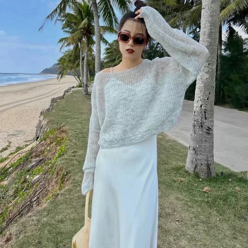 MS658 Áo len dệt kim mỏng tay phồng đi biển