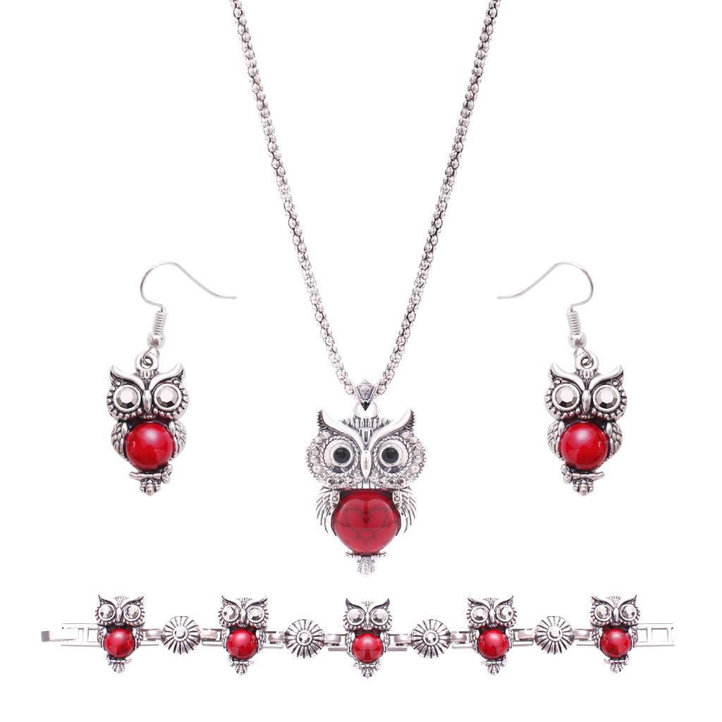 Pendant Necklace Earrings Bracelet Jewelry Set - Owl Red