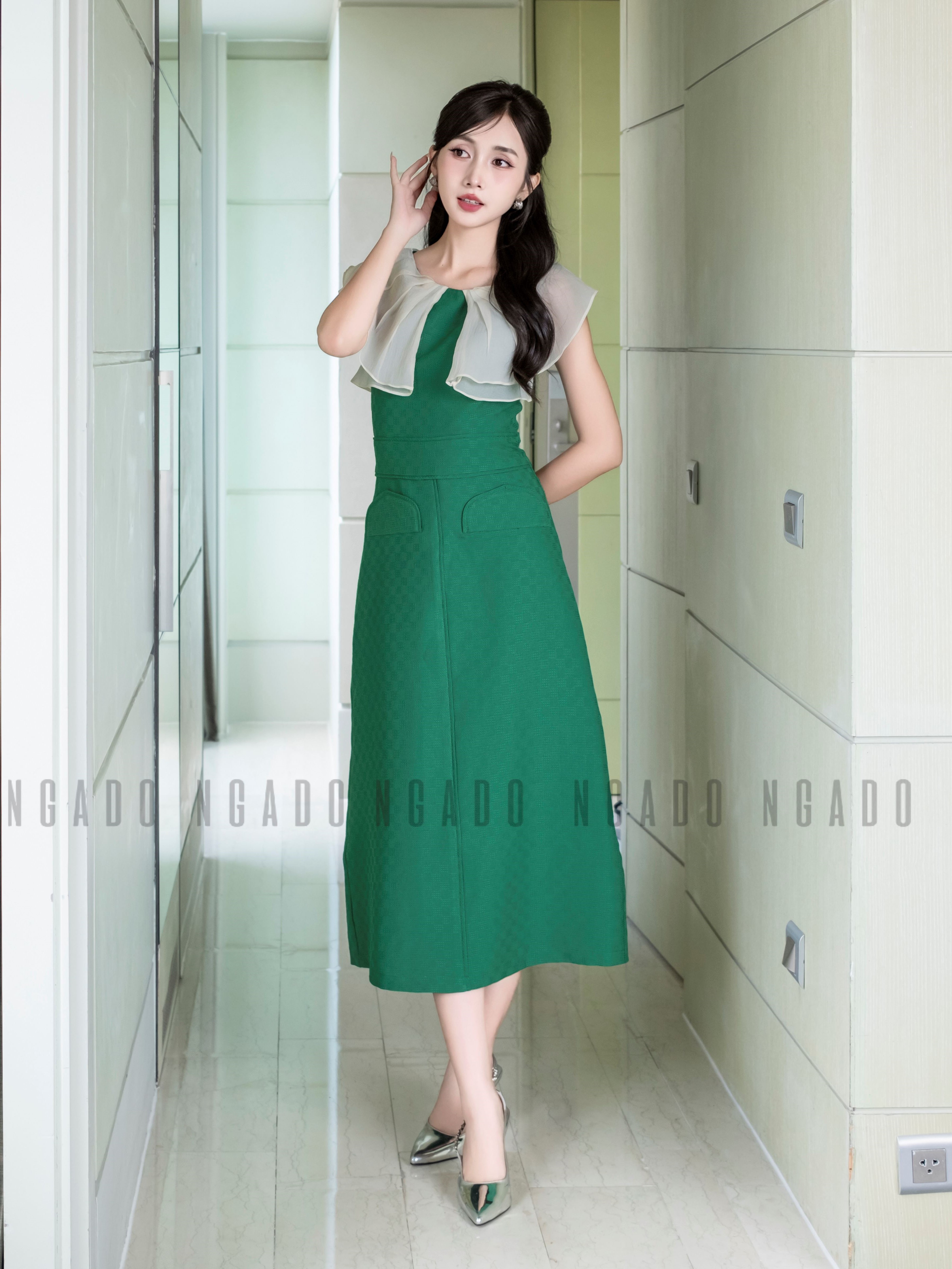 Đầm xanh phối voan kem NGADO , Đầm dự tiệc , Đầm dạo phố