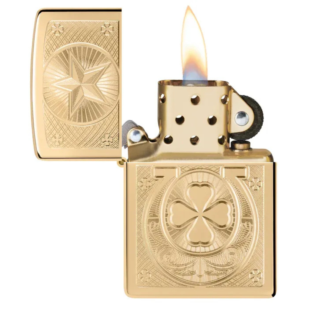 Bật Lửa Zippo Lucky Horseshoe 46854 - Thiết Kế Móng Ngựa &amp; Cỏ 4 Lá May Mắn - Đồng Thau Bóng Chính Hãng