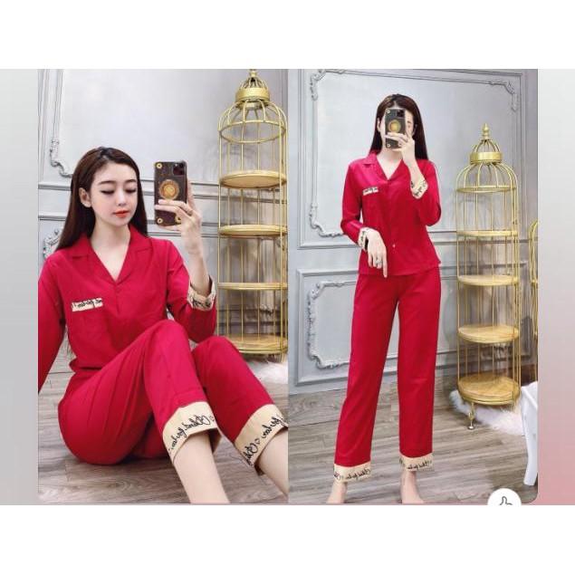 Set bộ đồ mặc nhà dài tay đáp chữ ký vải lụa mềm mịn-LP1