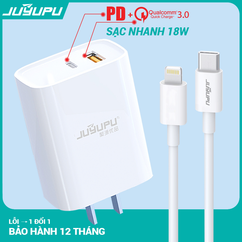 Sạc nhanh iPhone JUYUPU U01C PD QC3.0 18W cao cấp bộ sạc kèm dây sạc Type C to Lightning sạc điện thoại dành cho iPhone Samsung OPPO VIVO HUAWEI XIAOMI củ sạc - HÀNG CHÍNH HÃNG