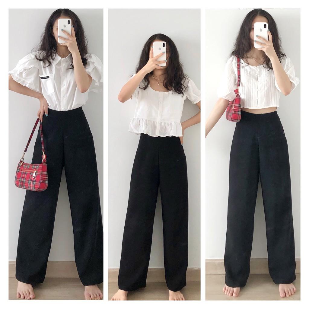 Quần ống rộng culottes suông dài chất dày lưng cao 2 màu đen be