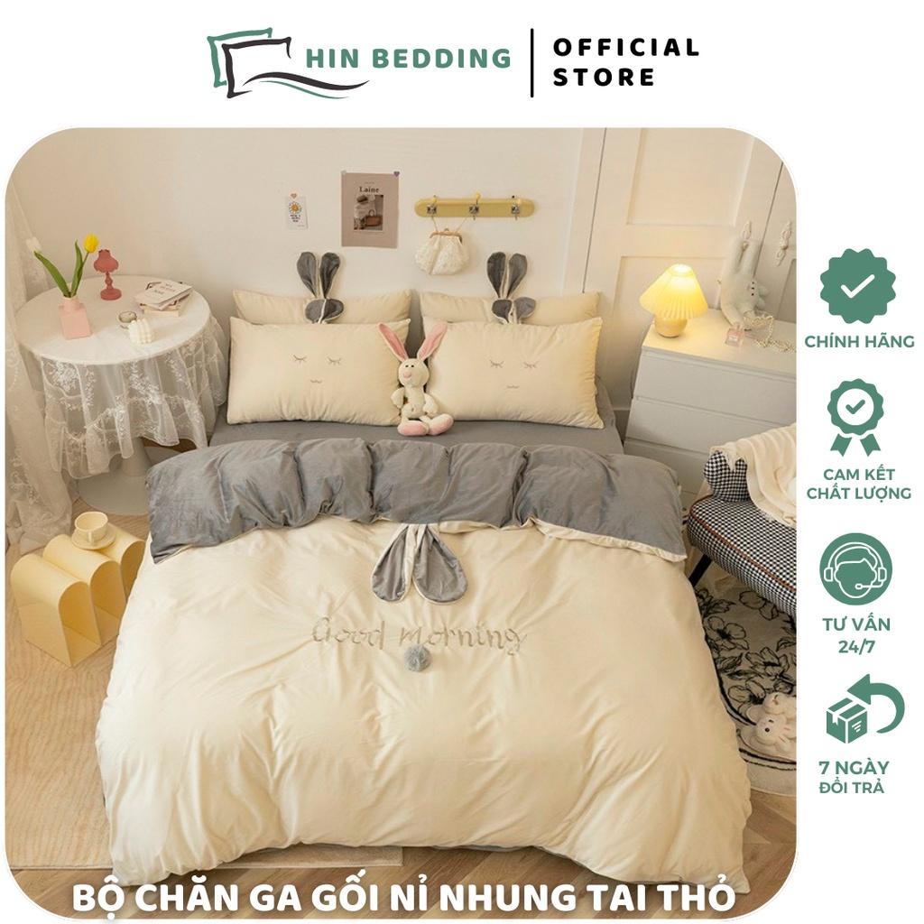 Bộ Chăn Ga Gối Nỉ Nhung HIN BEDDING, Bộ Chăn Ga Gối Nỉ Tai Thỏ Đáng Yêu Mềm Mịn Cao Cấp