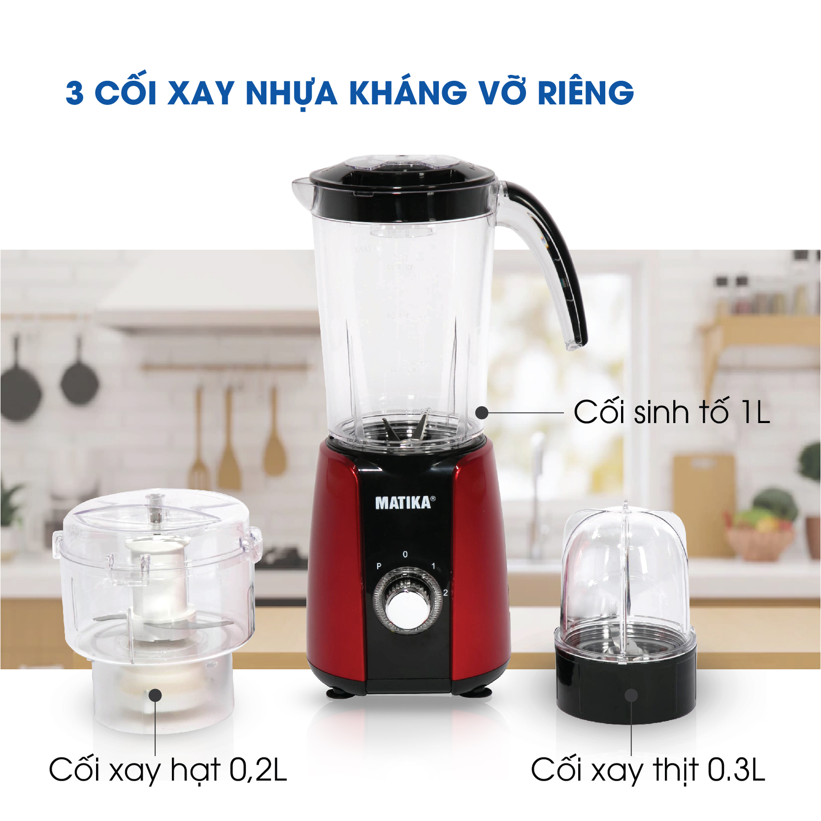 Máy Xay Sinh Tố Đa Năng MATIKA 3 Cối MTK-3121, Hàng Chính Hãng