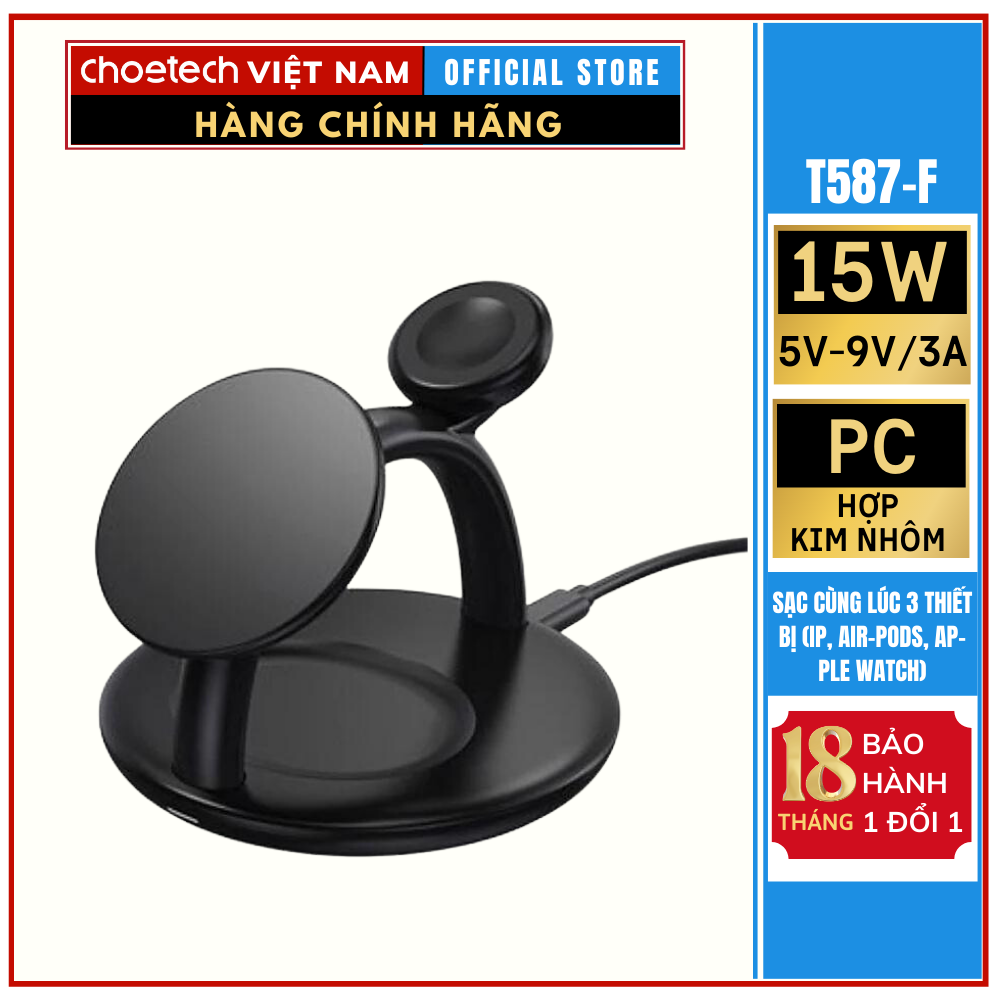 Đế sạc không dây Choetech T587-F 3 in 1  dành cho điện thoại, tai nghe và đồng hồ thông minh (Hàng chính hãng)