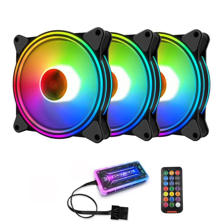 3 Quạt Tản Nhiệt, Fan Case Coolmoon M1 Led RGB Dual Ring-Kèm Bộ Hub Và Remote - Hàng nhập khẩu