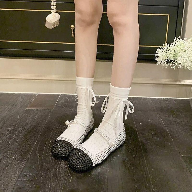 Tất, vớ cao cổ chất dệt kim GÂN TĂM BUỘC DÂY, họa tiết ziczac, phong cách Lolita NhậtBản cá tính, thấm hút mồ hôi tốt cho Nữ Women Trắng
