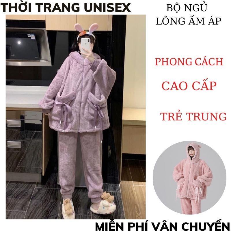 Bộ lông cừu thu đông siêu ấm thắt nơ túi 2 màu hồng tím thời trang Hàn Quốc. Đồ bộ mặc nhà, bộ ngủ nữ.METSHOP