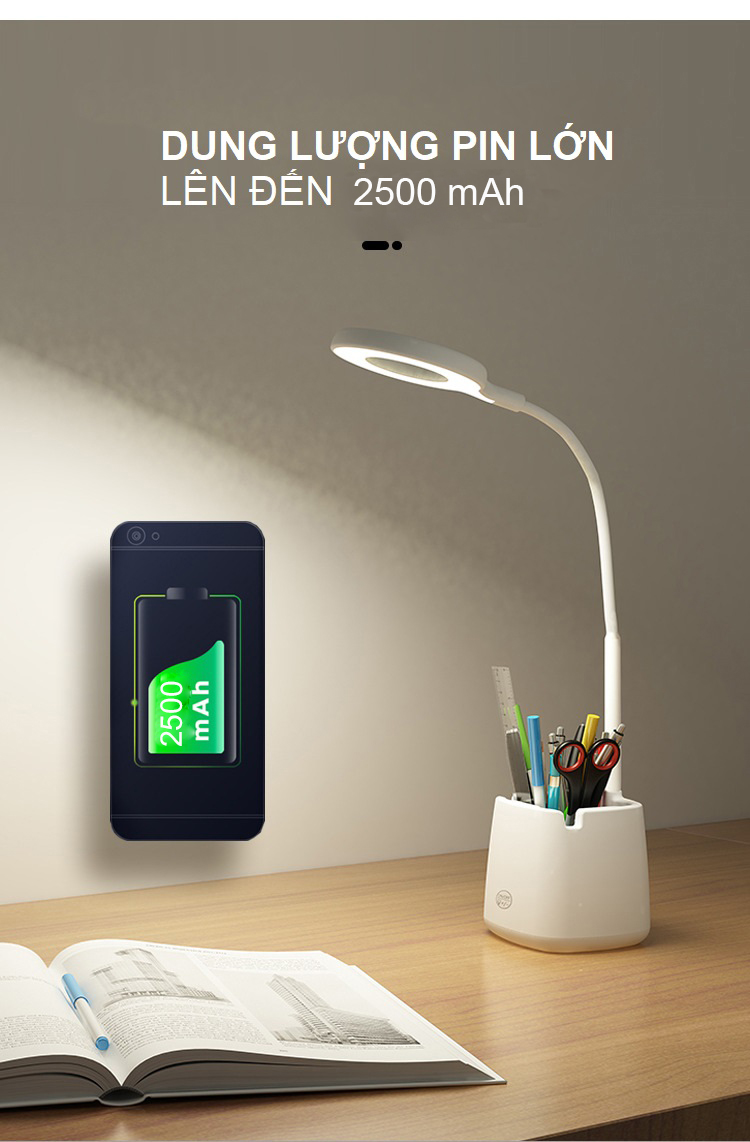 Đèn Bàn Học Đọc Sách, Đèn Bàn Làm Việc Sang Trọng, Đèn Ngủ Cao Cấp LED Chống Cận 03 Mức Độ Sáng, Cảm Ứng Tích Điện Pin 2500mAh - Hàng Chính Hãng - VinBuy