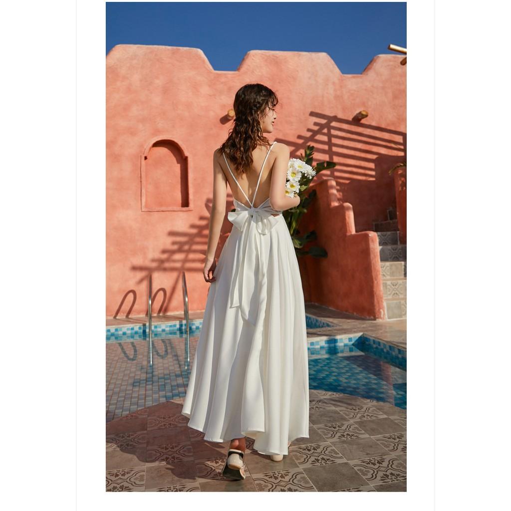 ĐẦM MAXI VÁY MAXI TRẮNG ĐAN DÂY HỞ LƯNG NƠ SAU ĐI BIỂN