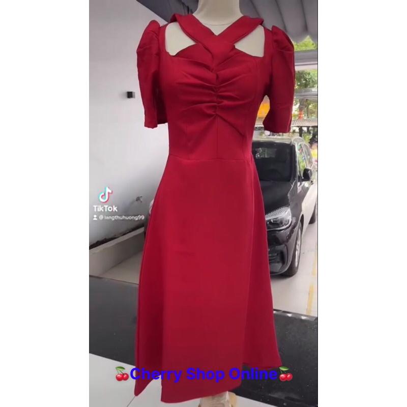 Đầm dự tiệc xoè ngực nhún cổ chéo cách điệu