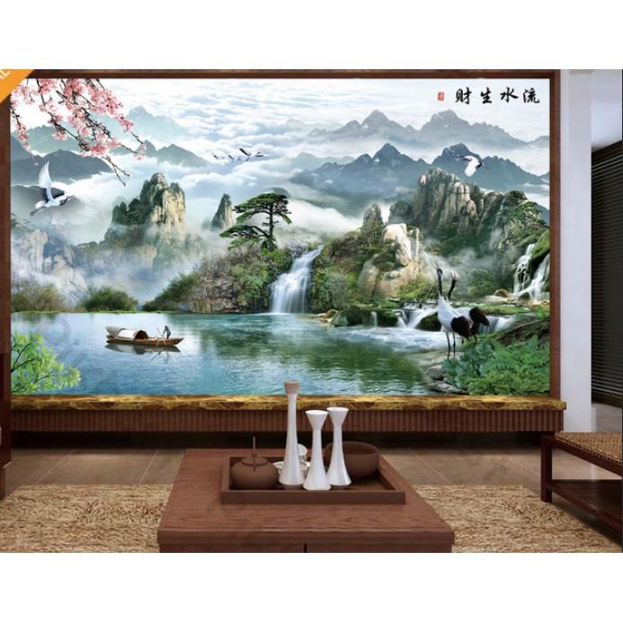 Tranh dán tường Tranh Sơn Thủy Hữu Tình phòng khách hiện đại dán tường MS963107