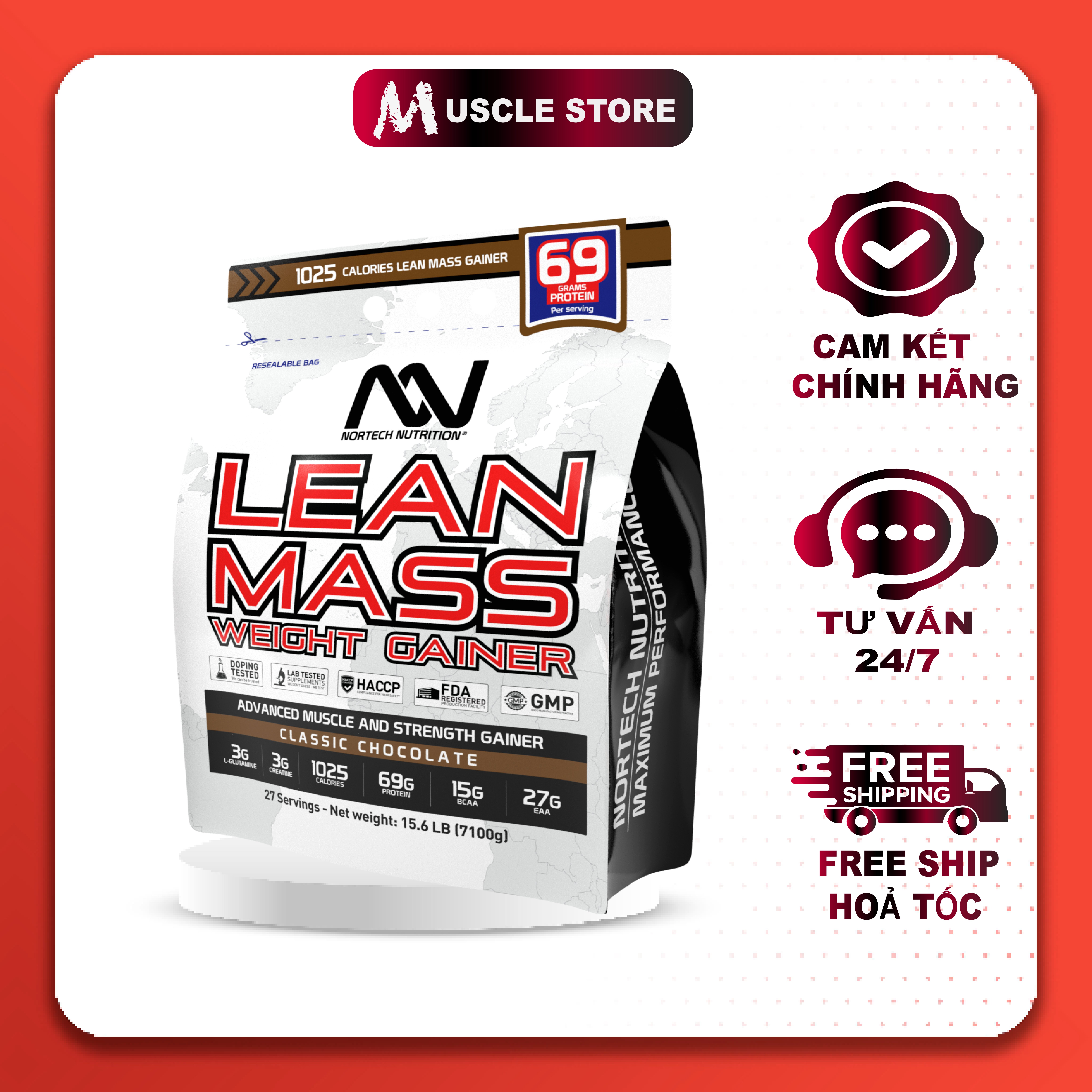 NorTech Lean Mass Gainer , Sữa Tăng Cân Tăng Cơ, Bổ Sung 69G Protein, 27G EAA, 15G BCAA, 3G Creatine, Glutamin