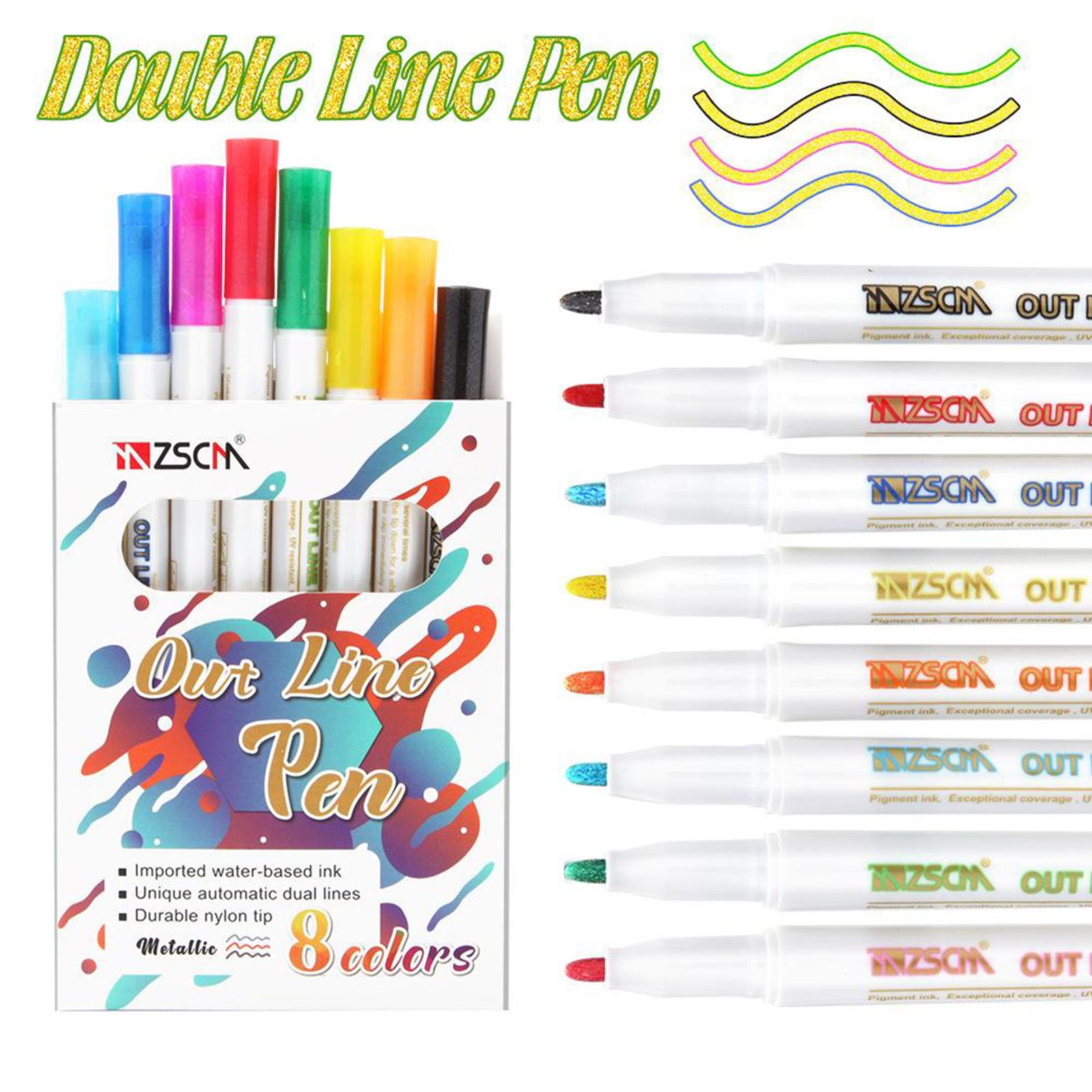 Outline Pens Double Line Metallic Markers, 8 Colors Outline Paint Doodle Pens