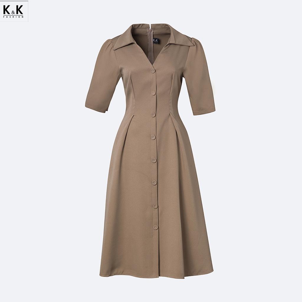 Đầm Xòe Công Sở Tay Lỡ Cổ Sơ Mi K&amp;K Fashion KK119-15 Chất Liệu Kalan