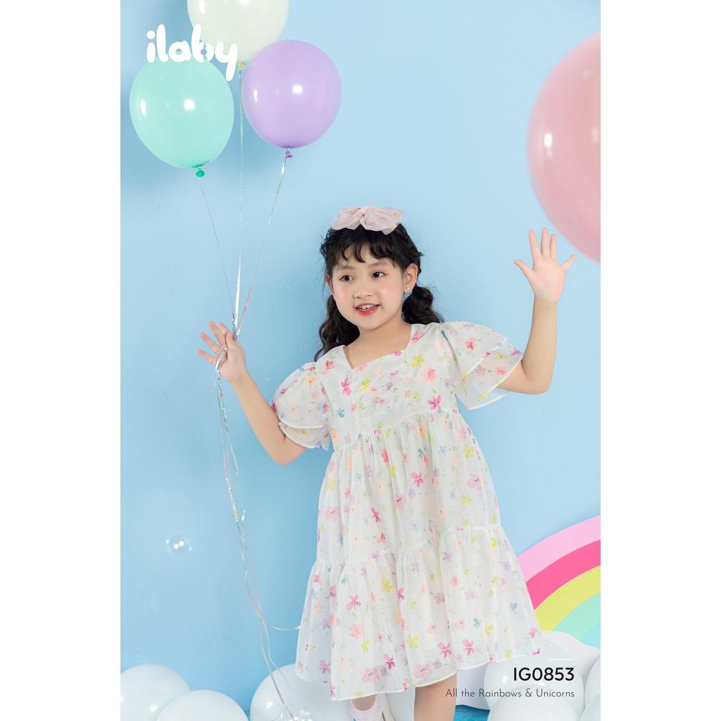 Váy cho bé gái ILABY in hoa màu sắc chất liệu tơ kèm lót thoáng mát