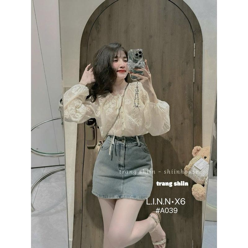 Set ren thêu hoa nổi chân váy bò tiểu thư  BY JOLIE
