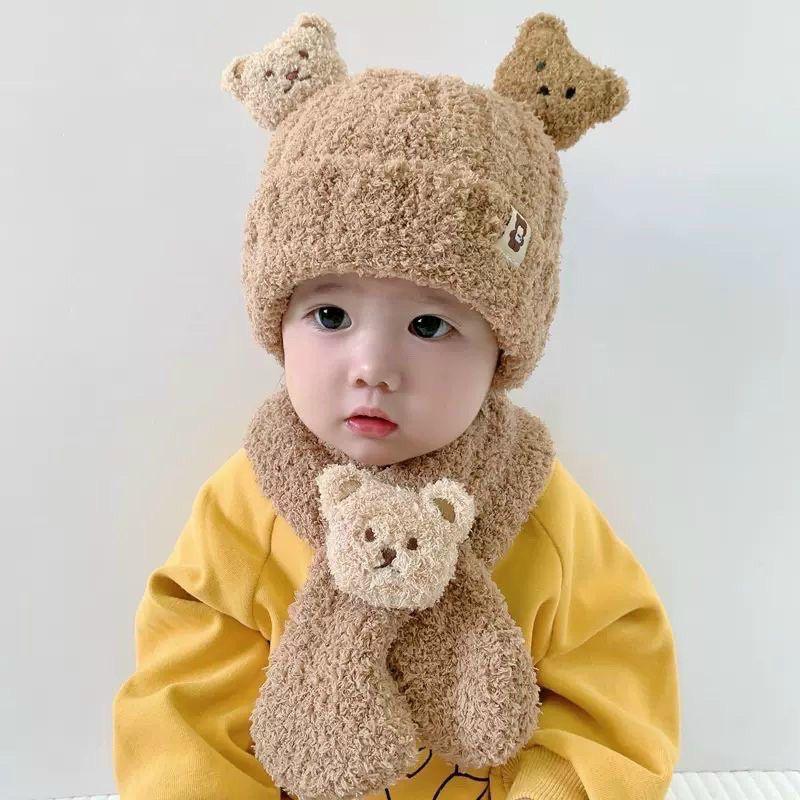 Set Mũ Tai Gấu Kèm Khăn Cho Bé Trai Và Bé Gái