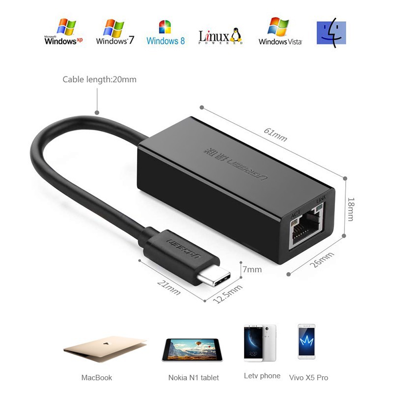 Cáp USB Type-C To Lan Gigabit 10/100/1000 Ugreen 50307- Tặng Dây Lan 2M - Hàng Chính Hãng