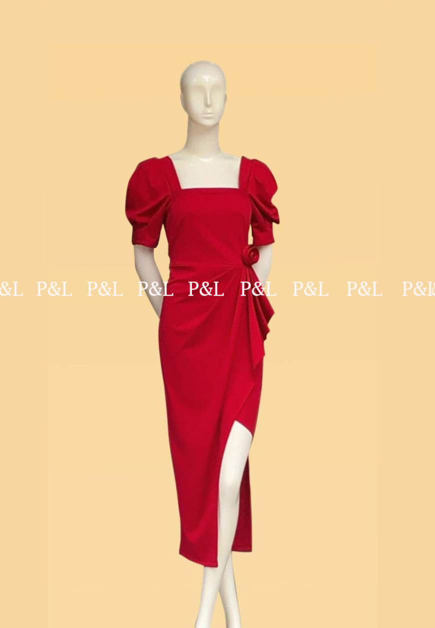 Đầm Body Cổ Vuông Tay Phồng Tùng Xếp Ly Bông Eo