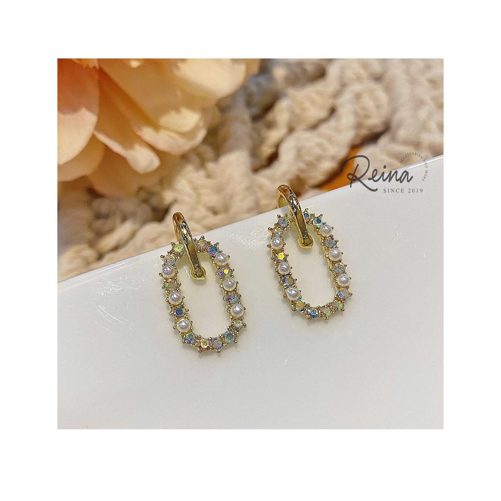 Khuyên tai nữ phong cách Hàn Quốc lưới kim bạc S925 Reina đính hạt cao cấp