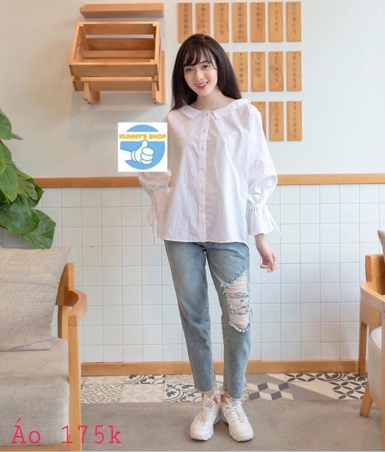 Áo sơ mi oversize tay cột nơ