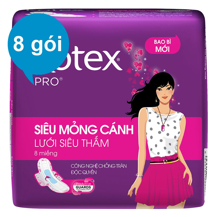 Combo 8 Gói Băng Vệ Sinh Kotex Pro Siêu Mỏng Cánh (8 Miếng / Gói)