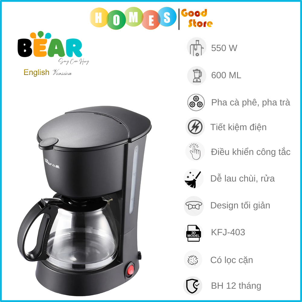 Máy Pha Cà Phê Mini Gia Đình Bear KFJ-403 Dung Tích 600 ML Công Suất 550 W - Hàng Chính Hãng