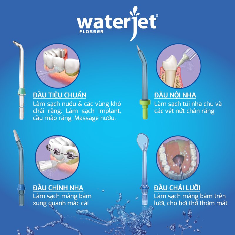 Máy tăm nước cá nhân WaterJet Flosser Slim (4 đầu tăm, dùng được cho người niềng răng, có đầu cạo lưỡi)