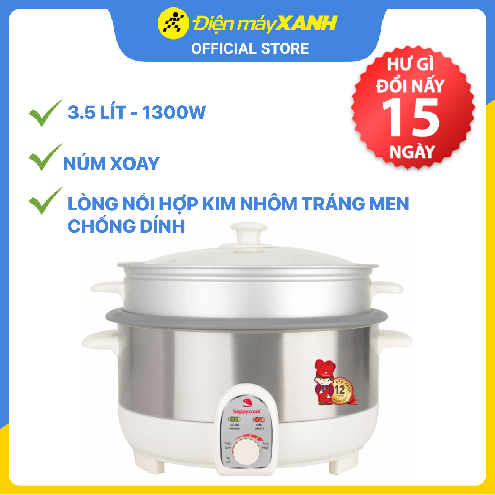 Nồi Lẩu Điện Có Xửng Happy Cook HCHP-350ST (3.5L) - Hàng Chính Hãng