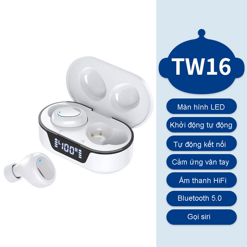 Tai Nghe Bluetooth - Tai Nghe Nhét Tai Không Dây TW16 - Cảm Ứng Vân Tay - Chống ồn - Chống nước - Kết Nối Bluetooth 5.0 - Âm Thanh HiFi