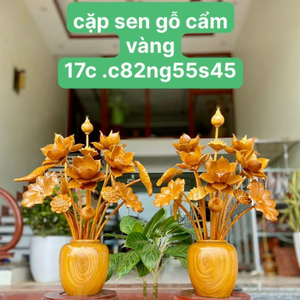 1 bình hoa sen 17 cành ,phong thủy cầu tài lộc trang trí phòng khách ,phòng để bà thờ thờ bằng gỗ cẩm vàng đẹp long lanh