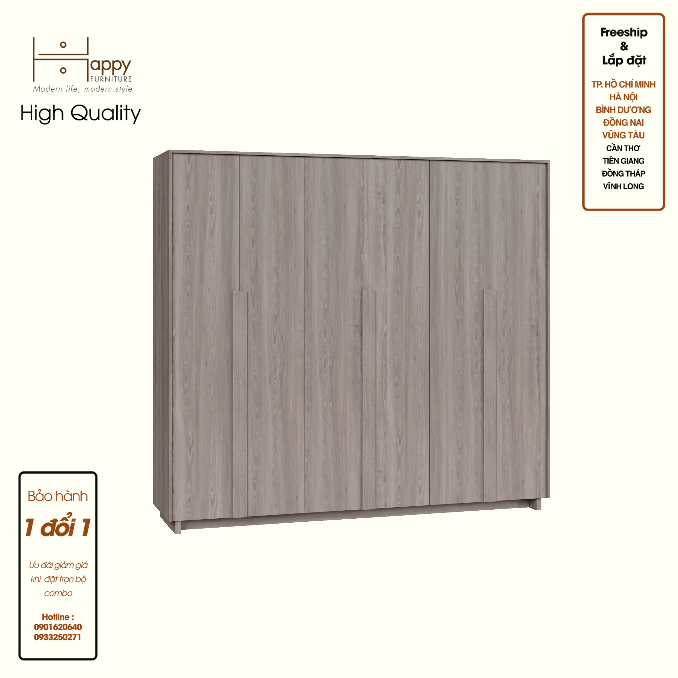 [Happy Home Furniture] MAVIS, Tủ quần áo 6 cánh mở, 240cm x 59cm x 220cm ( DxRxC), TCM_161
